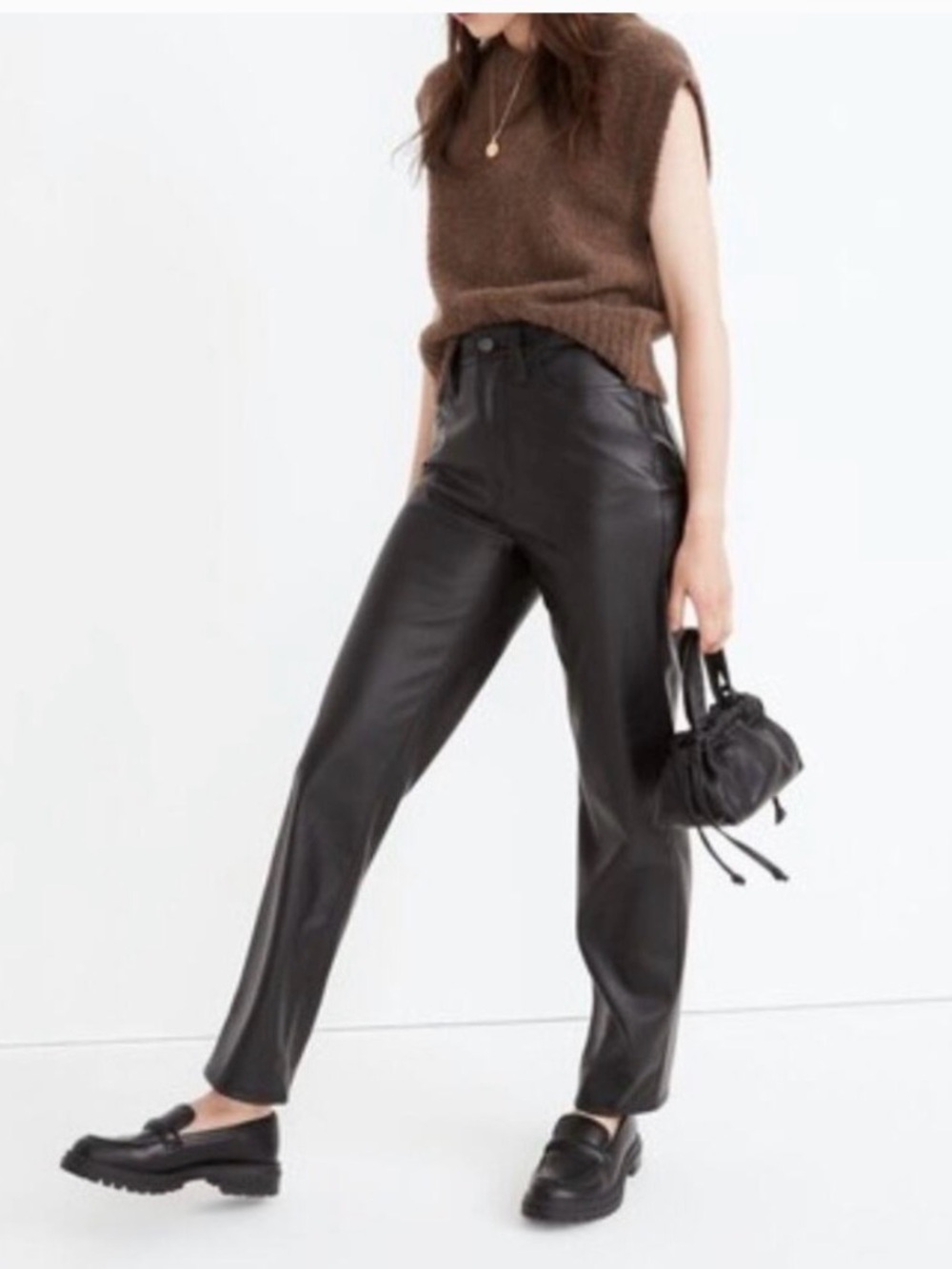 Perfect Vintage Straight Faux Vegan Leather Jeans Black High Rise